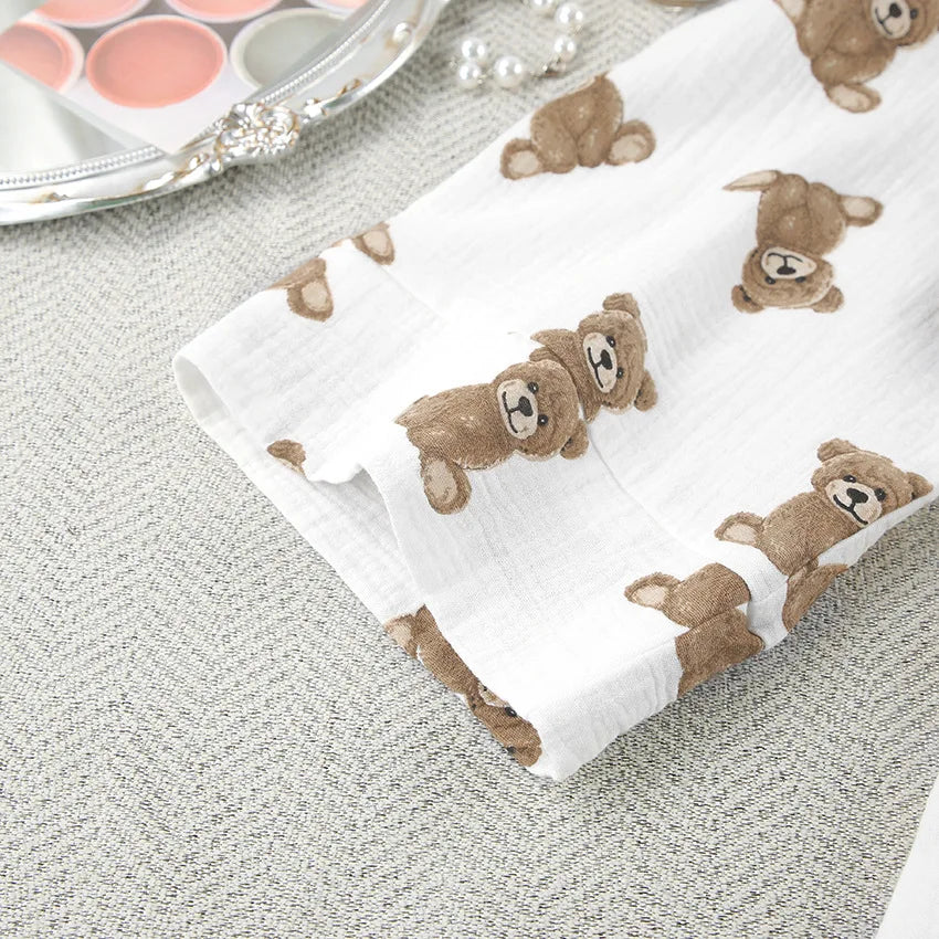 2024 Spring New European and American Pure Cotton Cute Print Warm Long sleeved Shorts and Pajamas Two piece Home Set