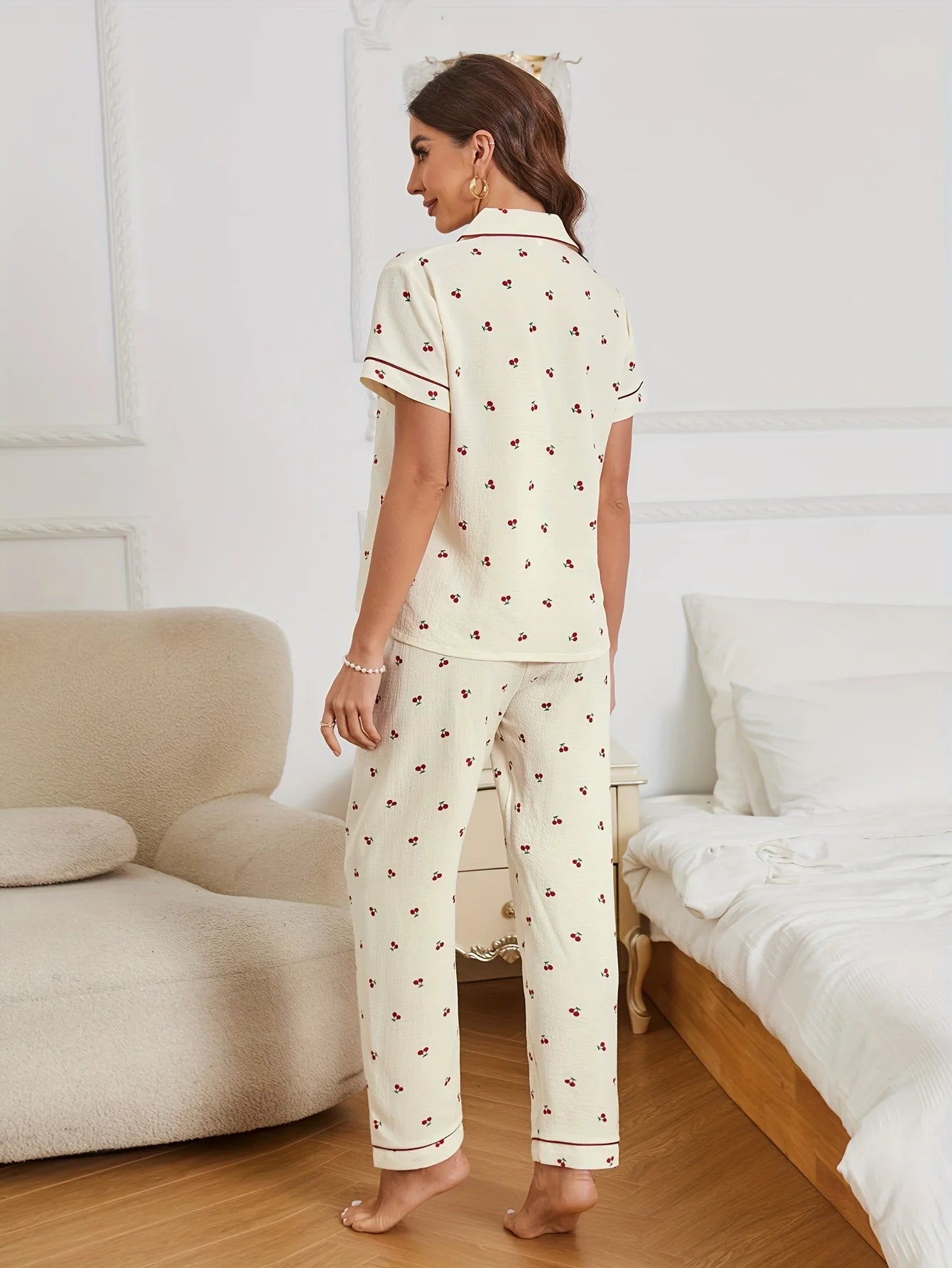 Cherry Print Textured Pajama Set Casual Short Sleeve Buttons Lapel Top & Elastic Pants Women's Sleepwear