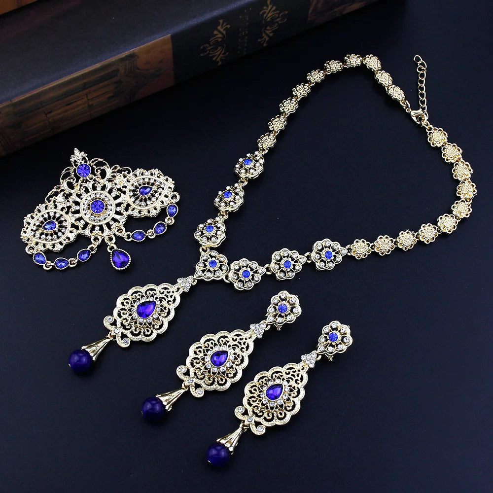 New Gold Color Algeria Bride Wedding Jewelry Set For Women Morocco Earring Necklace Brooch Arabic Traditional Jewelry
