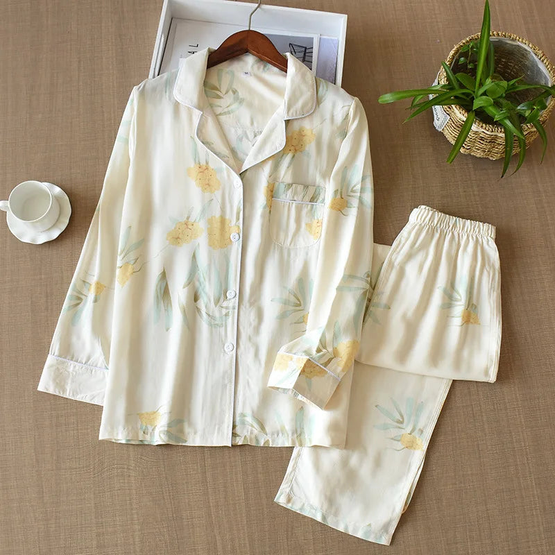 Spring and autumn ladies cute cartoon floral viscose fiber pajamas two-piece long-sleeved home service cotton summer thin shorts