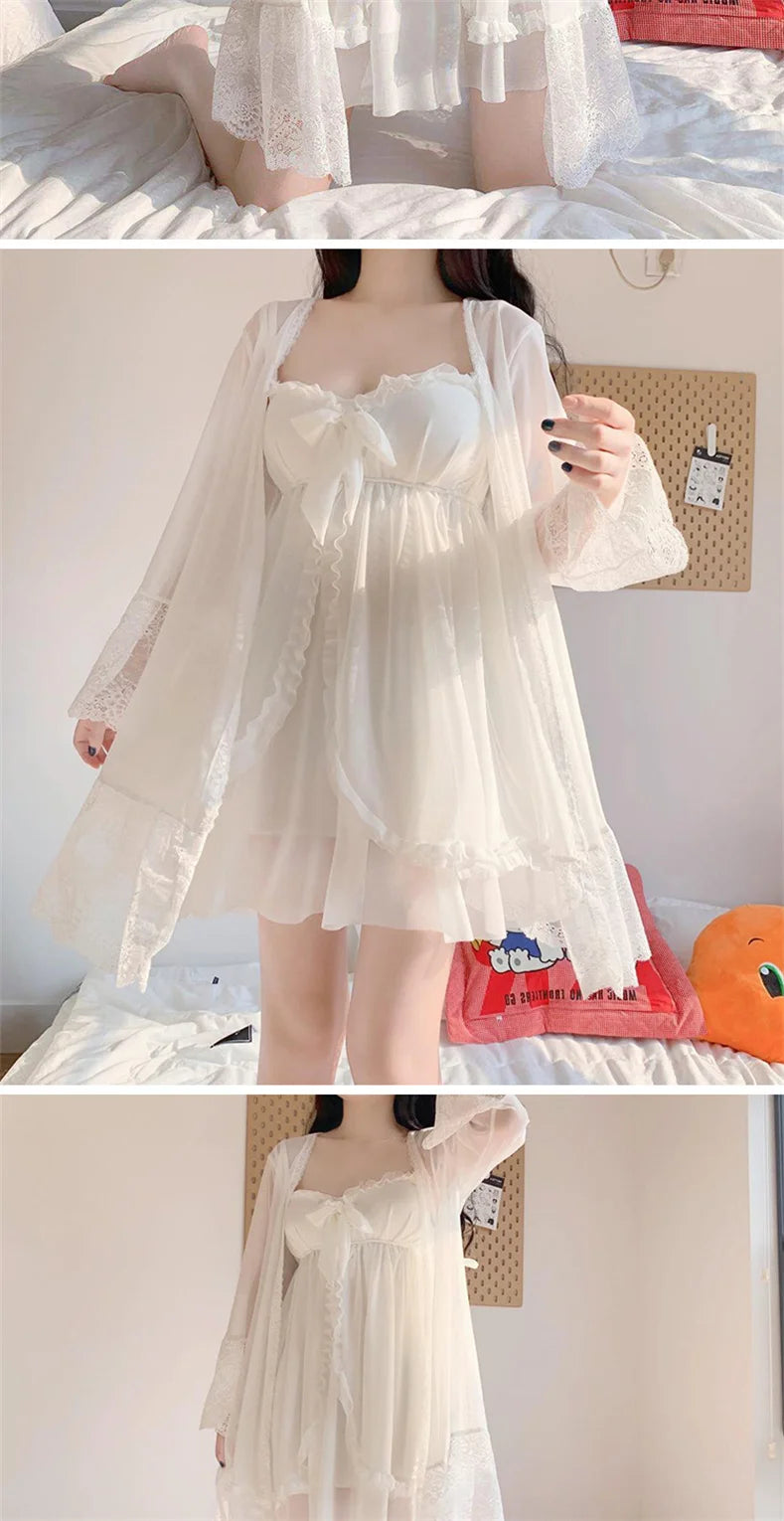 Elegant Sweet Simple Solid White Women Robe Gown Sets Chic Lace Bow Mesh  Sleepwear Breathable Slim Nightdress