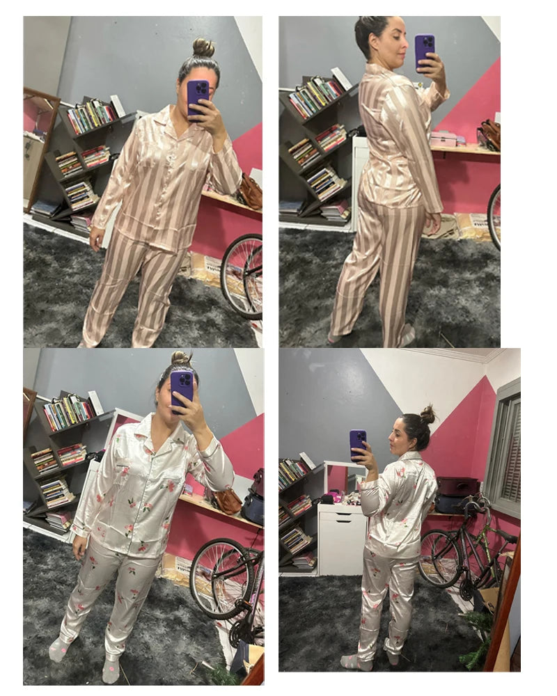 Women Pajamas Set Turndown Collar Pocket Long Sleeve Casual Pants 2 Piece Set Sleepwear Female Home Suit Female Cozy Nightwear