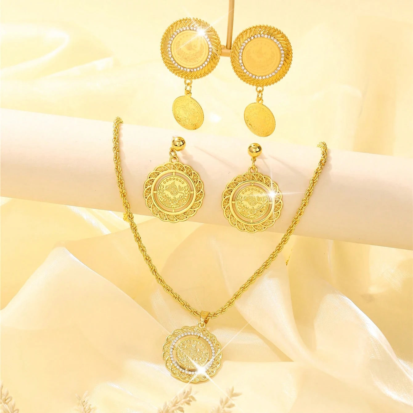 Turkish coin-shaped ladies' jewelry set, French vintage style, Moroccan wedding & festival jewelry