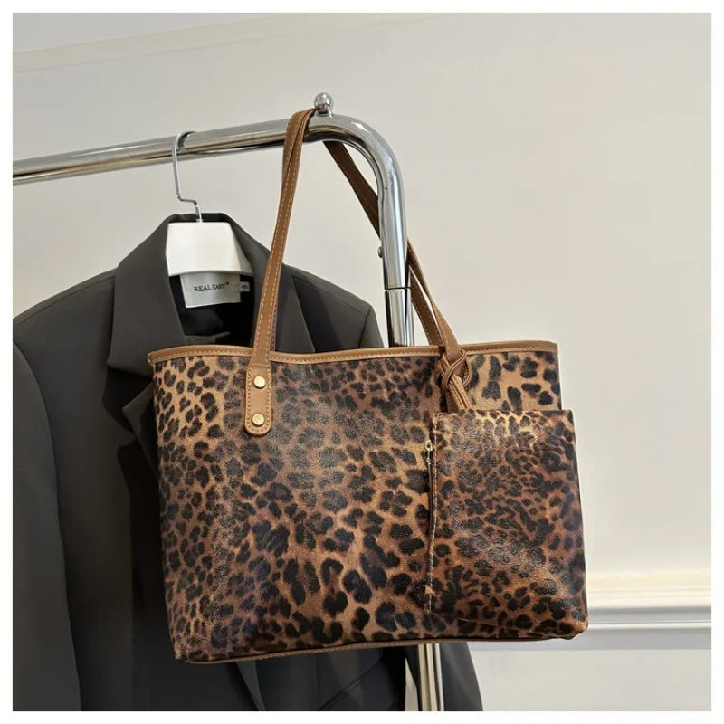 Women's Leopard Print Tote bag Pu Leather Underarm Bags Simple Casual Travel Shopping Bag Large Capacity Mother and Child Packag