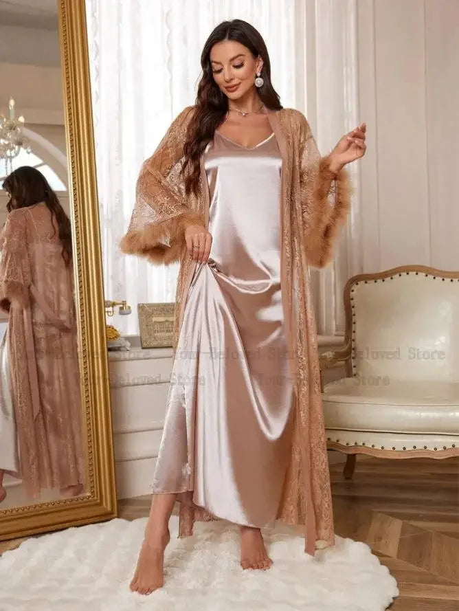 Luxury Party Night Dress Set Women Sexy Mesh Lace Floral Kimono Robe Gown Long Bathrobe Intimate Lingerie Satin Sleepwear