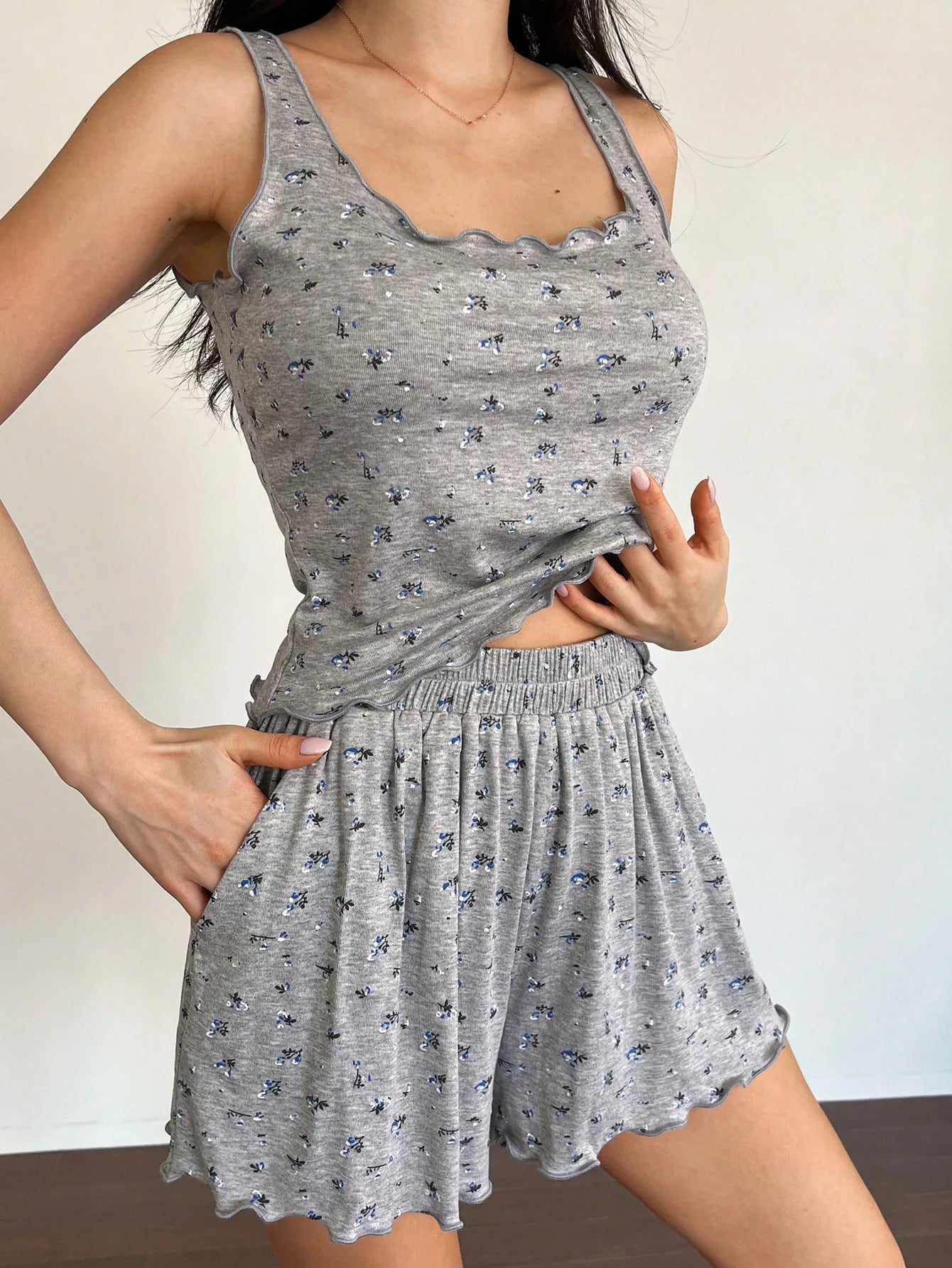 Women's Pajama Women's Vest Pajamas Casual Sweet Floral Pants Pocket Shorts Loungewear Suit Women's Pijama
