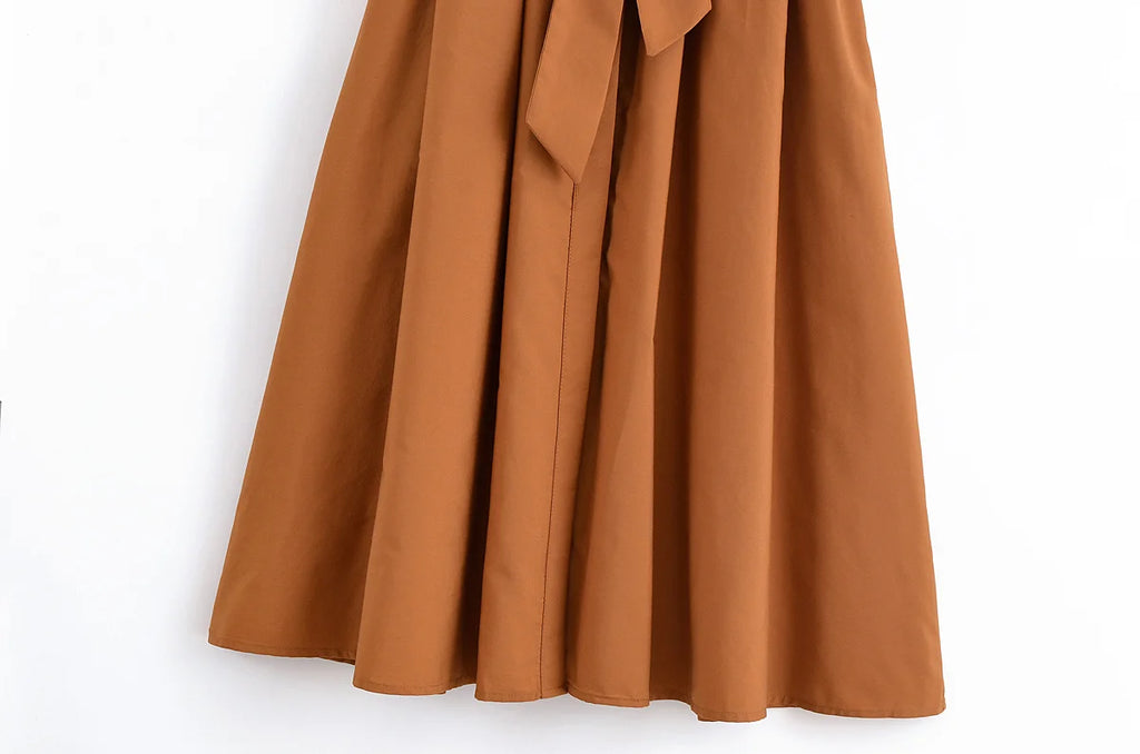 HH Women Summer Lapel Short Sleeve Pocket Single-Breasted Belt Decorate Midi Dress Female Fashion Shirt Style Pleated Dress