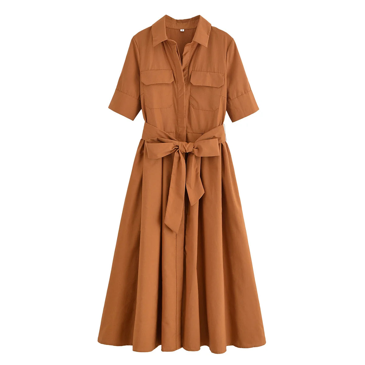 HH Women Summer Lapel Short Sleeve Pocket Single-Breasted Belt Decorate Midi Dress Female Fashion Shirt Style Pleated Dress