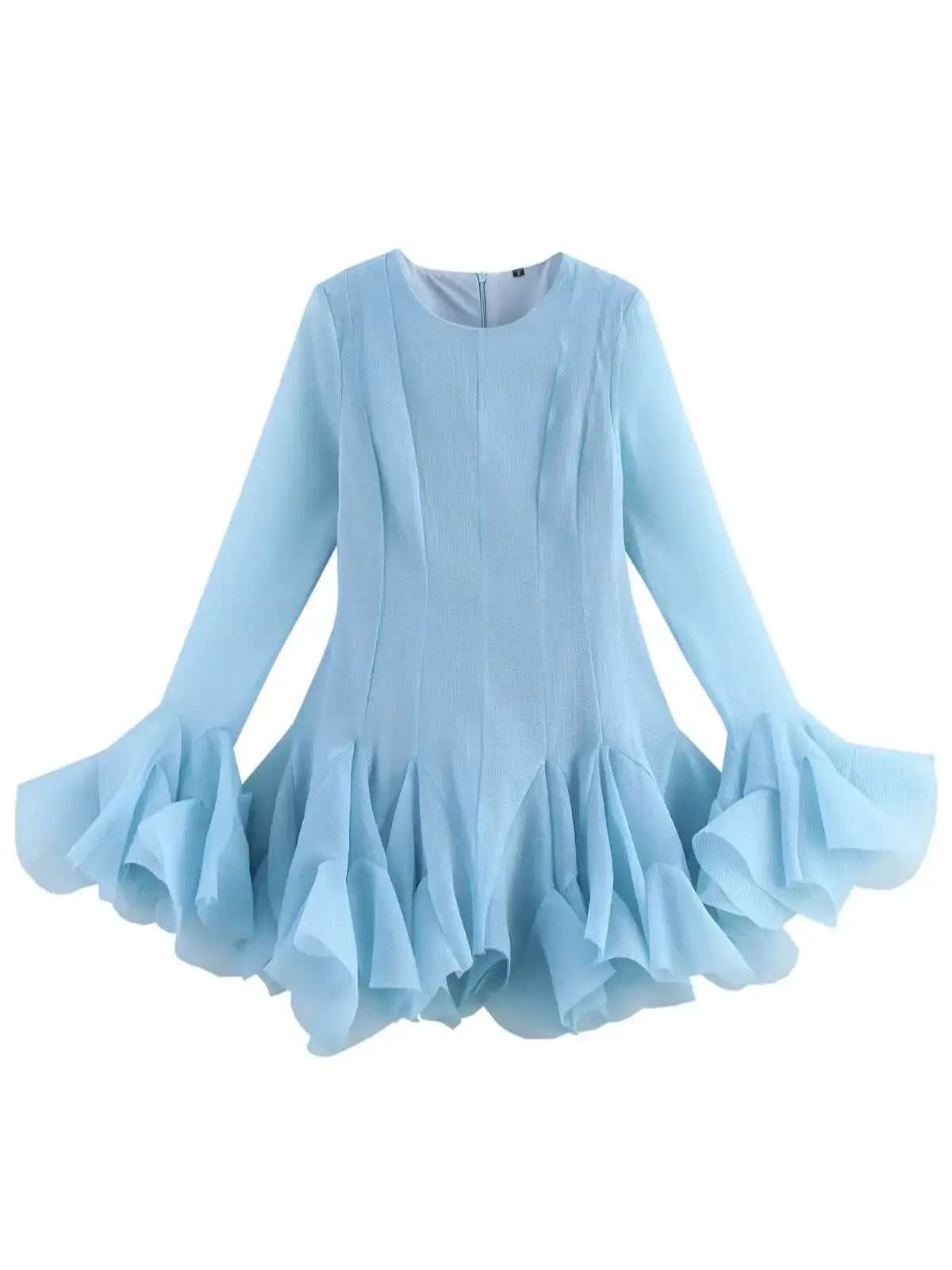 2026 Summer Women's Elegant Multi-Layered Ruffled Hem Mini Dresses Lady Sweet French Style Long Flare Sleeve Slim Fit Puffy Robe