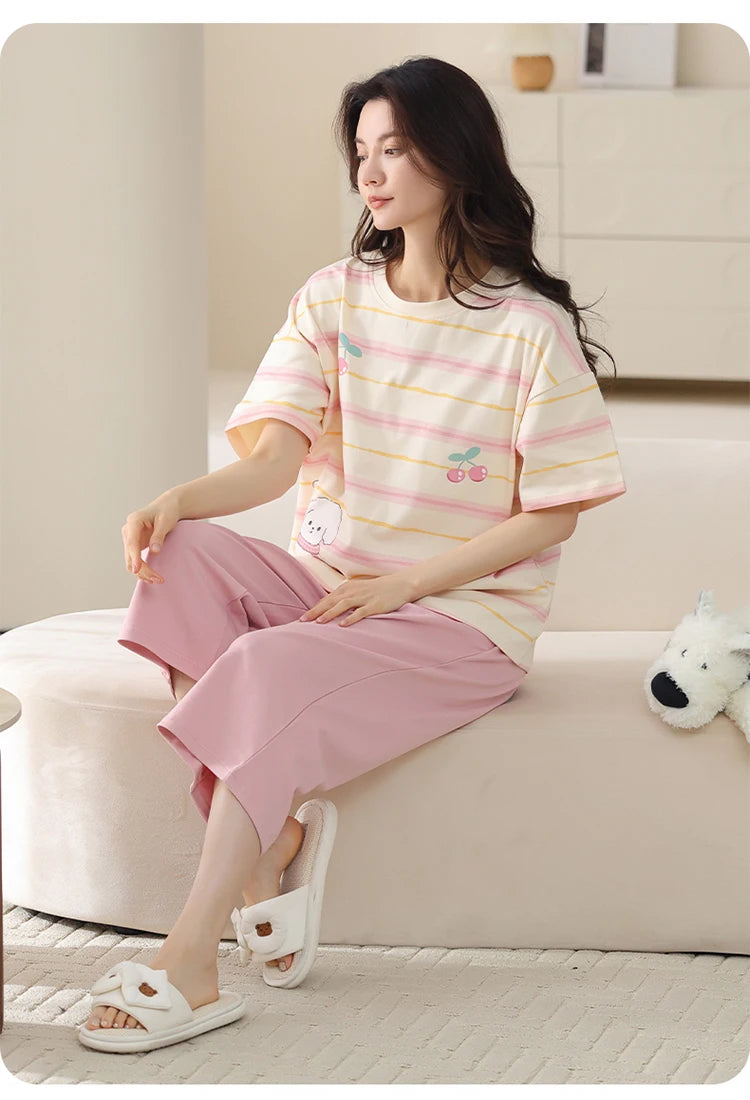 MiiOW 2Pcs Summer Women's Pajamas Set Cotton Short Sleeve Woman Homewear Cute Pink Patchwork Print Girls Pajamas Woman Sleepwear
