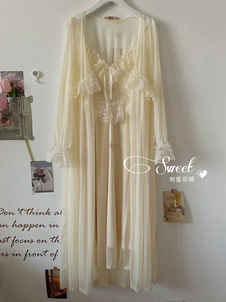 Vintage Female Court Style Thin Tulle Robe/Nightdress Ladies Princess Nightgowns Fairytale Pajamas Sleepwear Women's Clothing