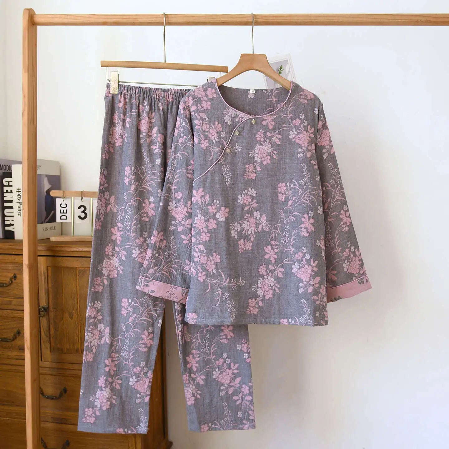 Round Neck Plum Blossom Printing Cotton Color Woven Homewear Women's Pajamas Set National Style Long Sleeve Long Trousers