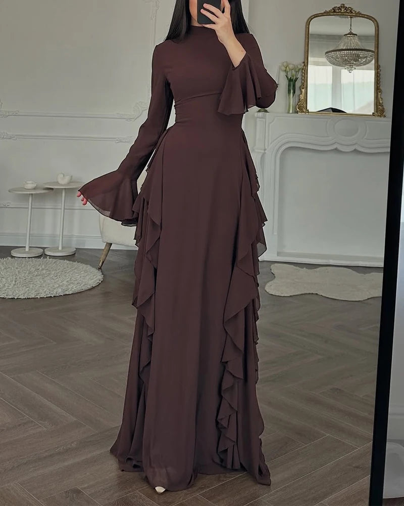2025 European and American Women's Elegant Casual High-Waisted Solid-Colour Bell-Sleeve Dress Long Dress with Long Sleeves