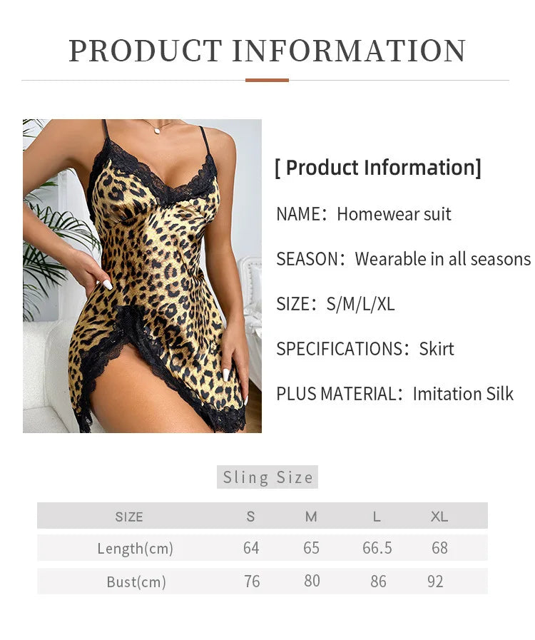 Leopard Silk Satin Women Nightgown Sleeveless Side Split Lace Sleepwear V Neck Sexy Nightwear Female Homewear Cloth Pajama Dress