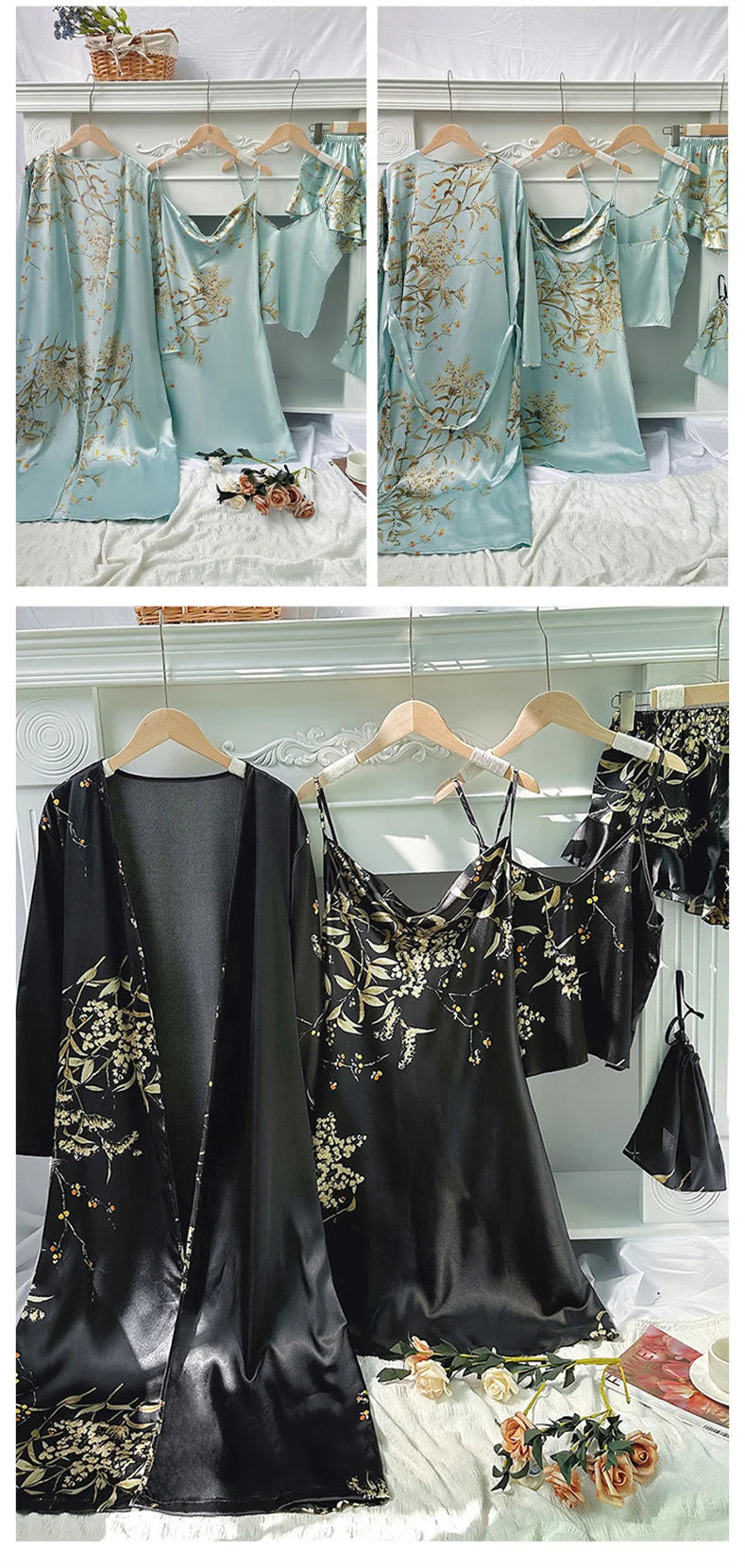 Elegant Print Flower Pajamas 5 Piece Set Women Casual Kimono Bathrobe Gown Sexy Silky Rayon Nightgown Loose Home Clothes