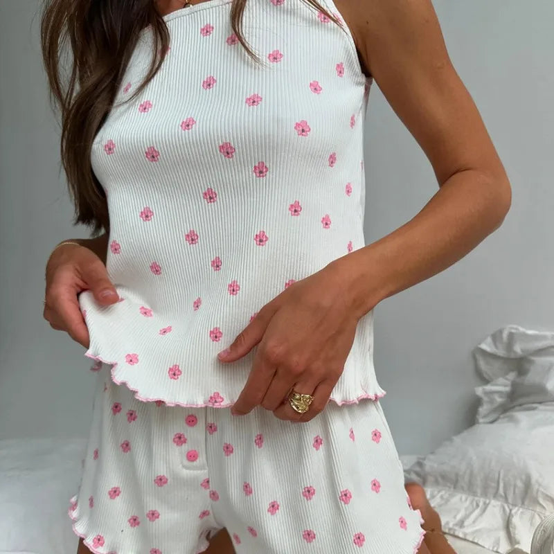 2pcs/set Cartoon Floral Print Knit Pajama Set 2026 New Ruffled Camisole Shorts for Women Comfortable Sleepwear Home Loungewear