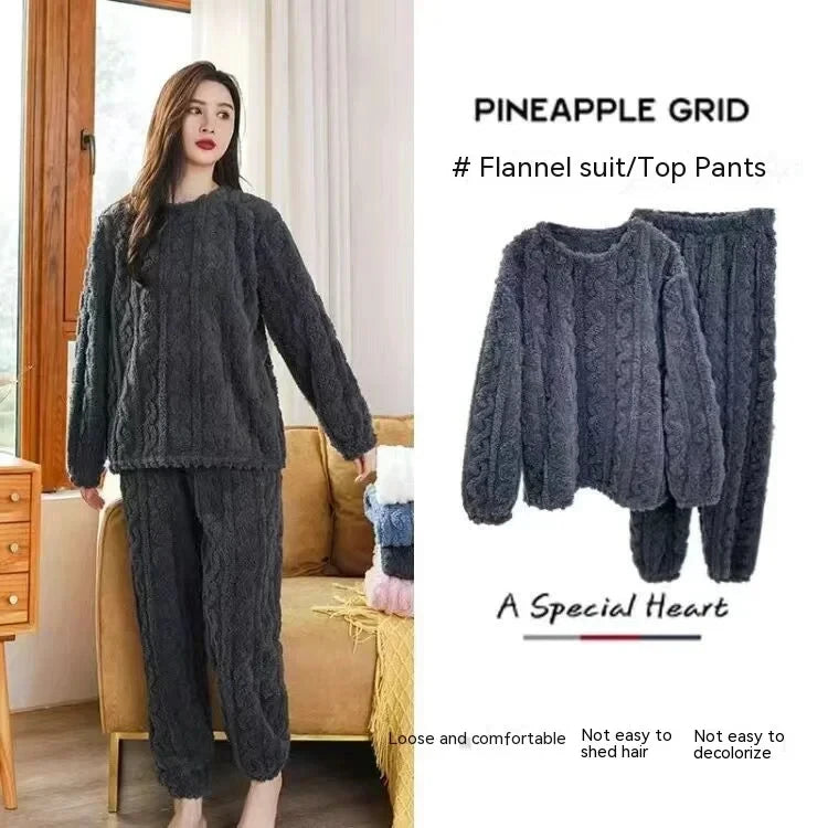 Ensemble pyjama épais et chaud en molleton de corail pour femme, vêtements de maison imprimés de dessins animés, vêtements de nu