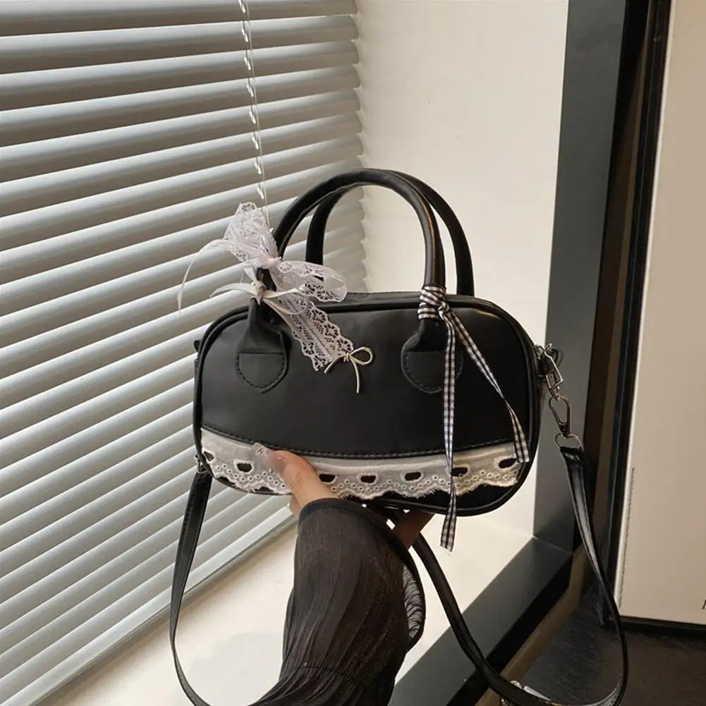 Simple Elegant Handbag Boston Shoulder bag Lace Ribbon Bow Decor Crossbody Bag Small Square Bag Casual Women Bags ﻿