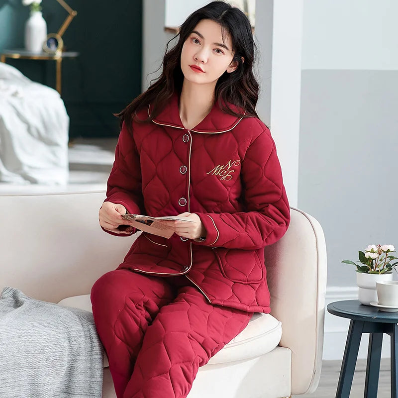 Winter three layer thick keep warm quilted jacket women's pajamas floral pijamas inverno M-XXXL sleepwear