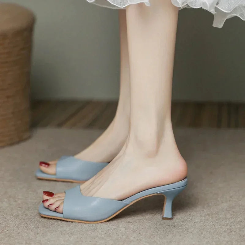 Size 34-42 Women Heeled Mules Sandals Soft Leather High Heels Summer Shoes For Women Slippers Vintage Open Toe Slides