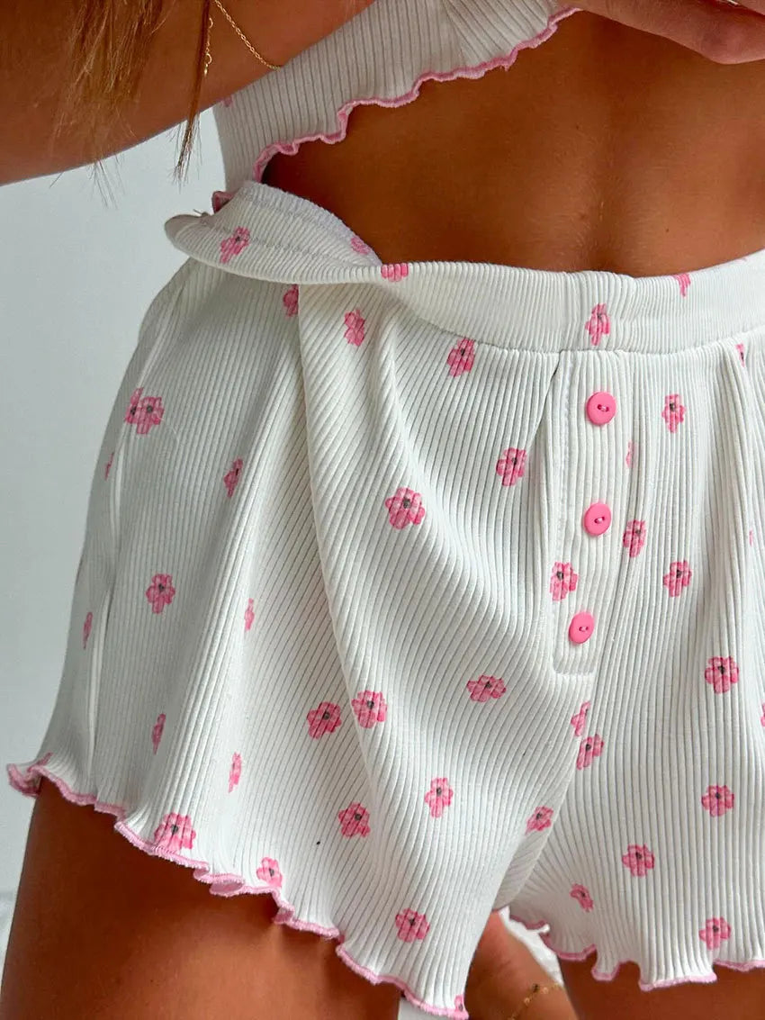 2pcs/set Cartoon Floral Print Knit Pajama Set 2026 New Ruffled Camisole Shorts for Women Comfortable Sleepwear Home Loungewear