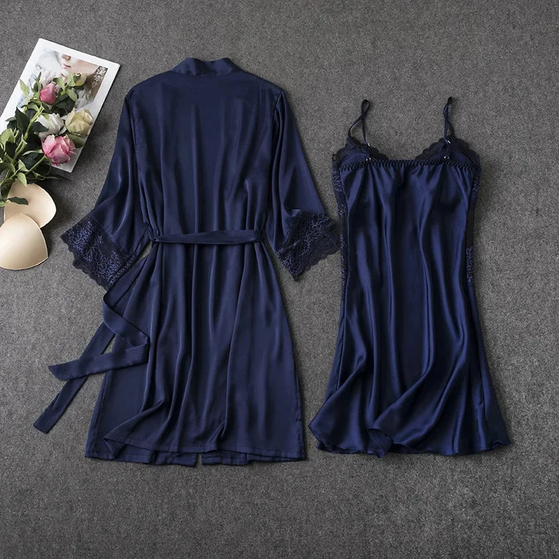 2PCS Pajamas Set White Women V-Neck Sleepwear M-XL Lace Kimono Sexy Nightshirts Flower Nightwear Robe Gown Sleep Suit Nightgown