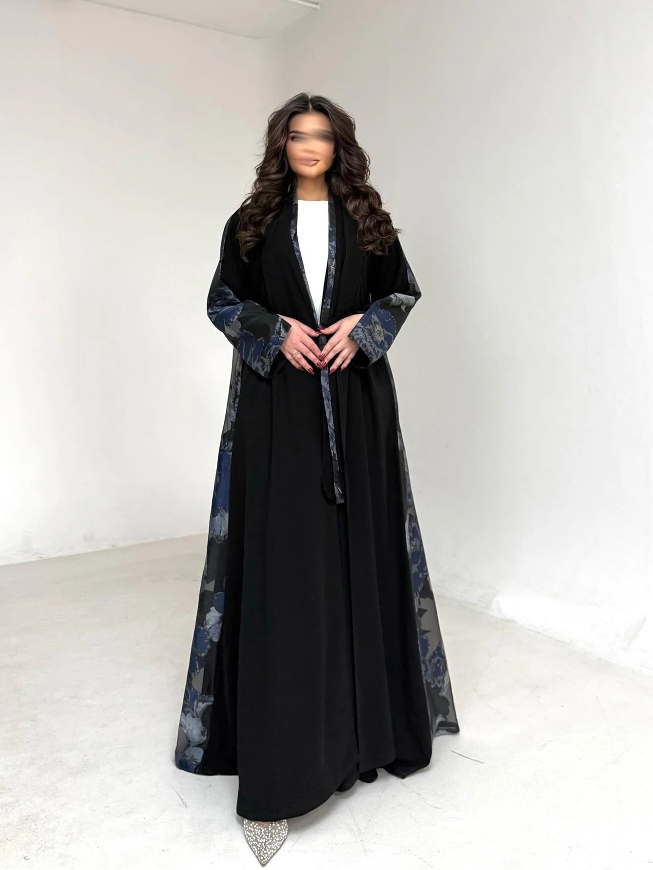 Women's Black Floral Print Abaya, Loose Long-Sleeved Elegant Arab Robe