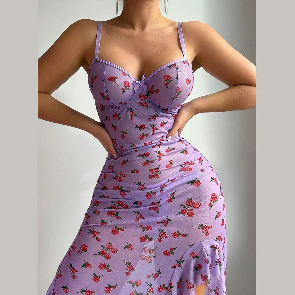 Slim Slit Sleepwear Butterfly Printed Dress Evening Relaxation Dress L M Casual Evening Dress Comfortable Sleepwear