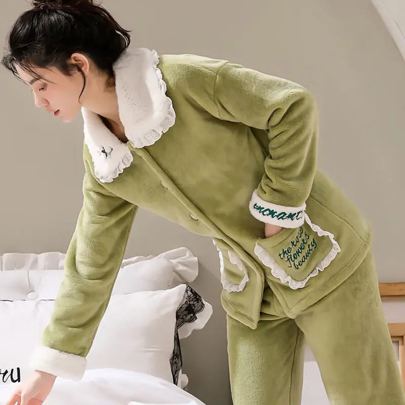 Winter Pajama Sets Women Single Breasted Tops Ankle Length Pants Thicker Cozy Nightwear Flannel Floral Warm Lounge Trendy Casual