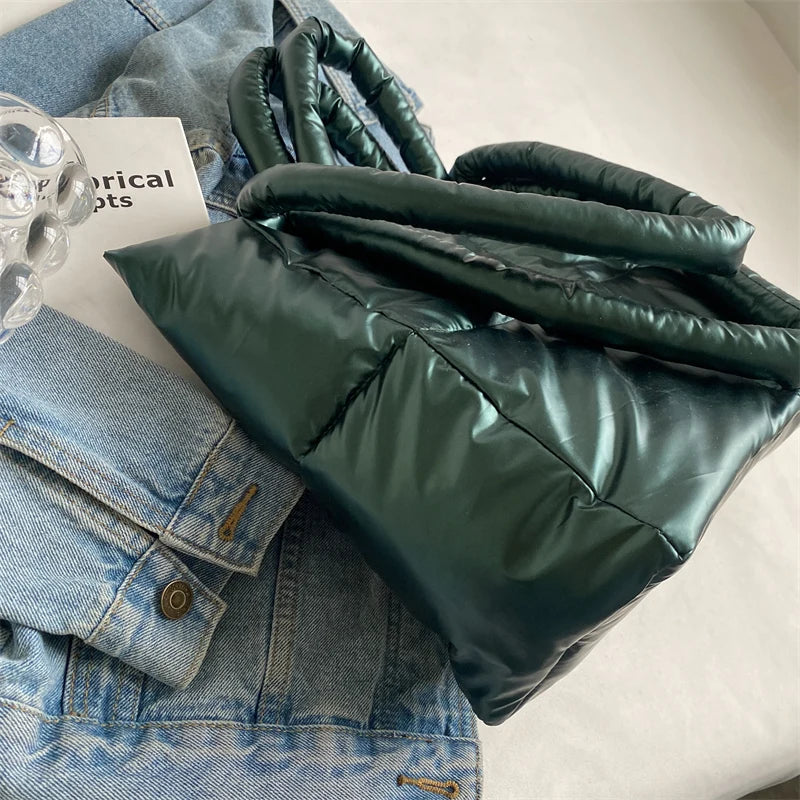 Designer Puffy Shoulder Bag Women Quilted Space Down Feather Padded Cotton Handbag Winter Large Capacity Warm Shopping Purse