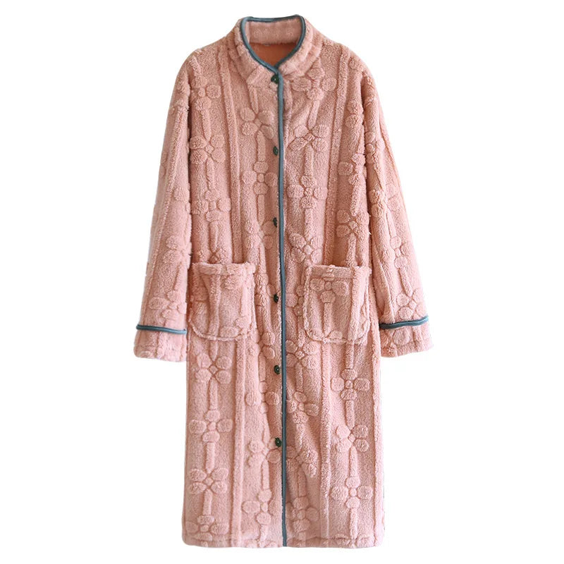 Autumn and Winter 2026 New Women's Nightgown Flannel Sweet and cute Bathrobe Women's Nightdress Stand collar Button Home Dress