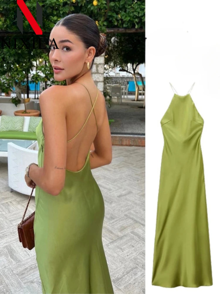 New Spring Summer Women's Maxi Dress Satin Feeling Sleeveless Dress European American Style Banquet Sexy Dress Evening Dresses