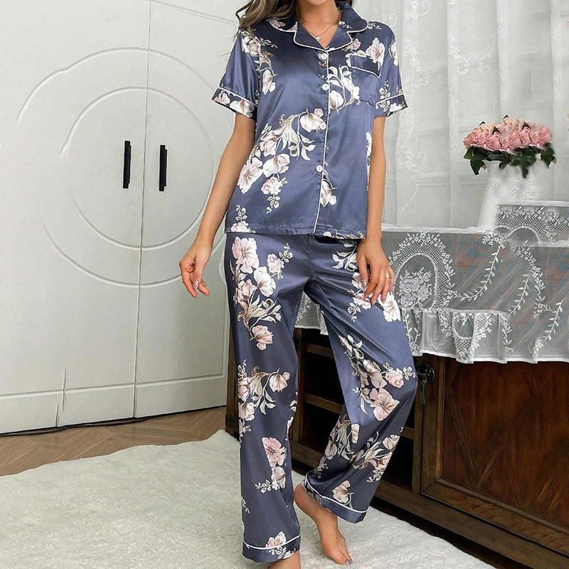 Women Pajamas Sets Spring Short Sleeve Satin Button-Down Top with Pants 2 Piece Pajama Set Sleepwear Pj Set Homewear Loungewear