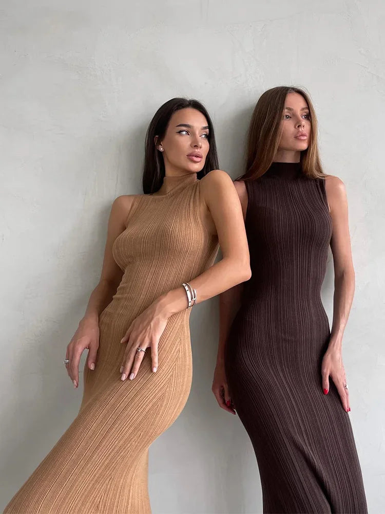 2025 Spring Sleeveless Knitwear Turtleneck Long Dress Female Slim Elegant Fashion Autumn Ribbed Knit Dress For Women Maxi Dress