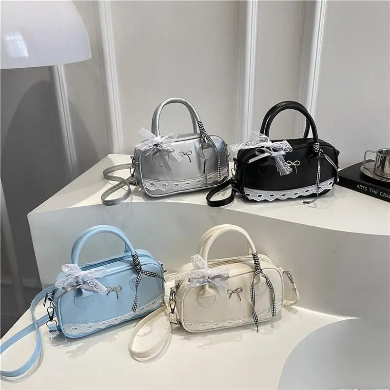 Simple Elegant Handbag Boston Shoulder bag Lace Ribbon Bow Decor Crossbody Bag Small Square Bag Casual Women Bags ﻿