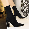 Mid-Calf Boots 2024 New Women Stretch Sock Boots Chunky Block Heels High Heels Silk Shoes Solid Color Short Boots Autumn 3129-3