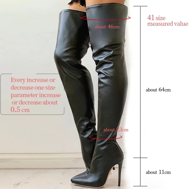 Women Boots Red Black Pointy Toe Thigh High Long Boots Autumn Winter Zip Over-the-Knee Boots Party Shoes Plus Size 46 Stiletto