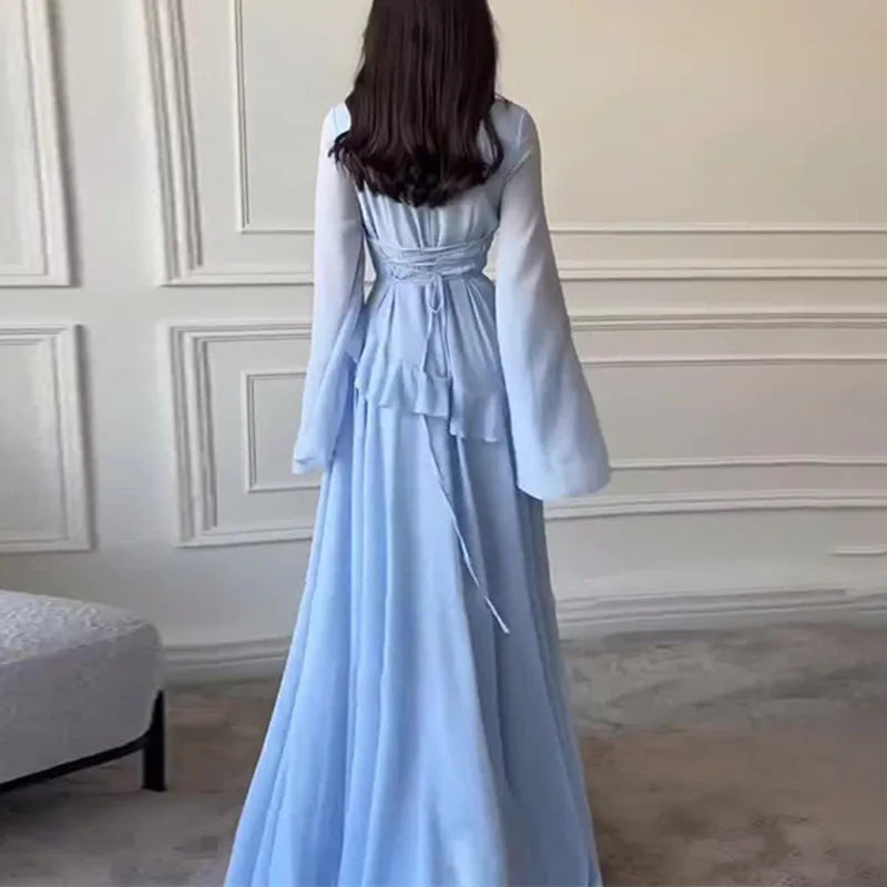 Robes for Woman Elegant O Neck Solid Ruffles Party Pleated Dress Spring Autumn Flare Sleeve Tie-up Slim Female Clothing Vestidos