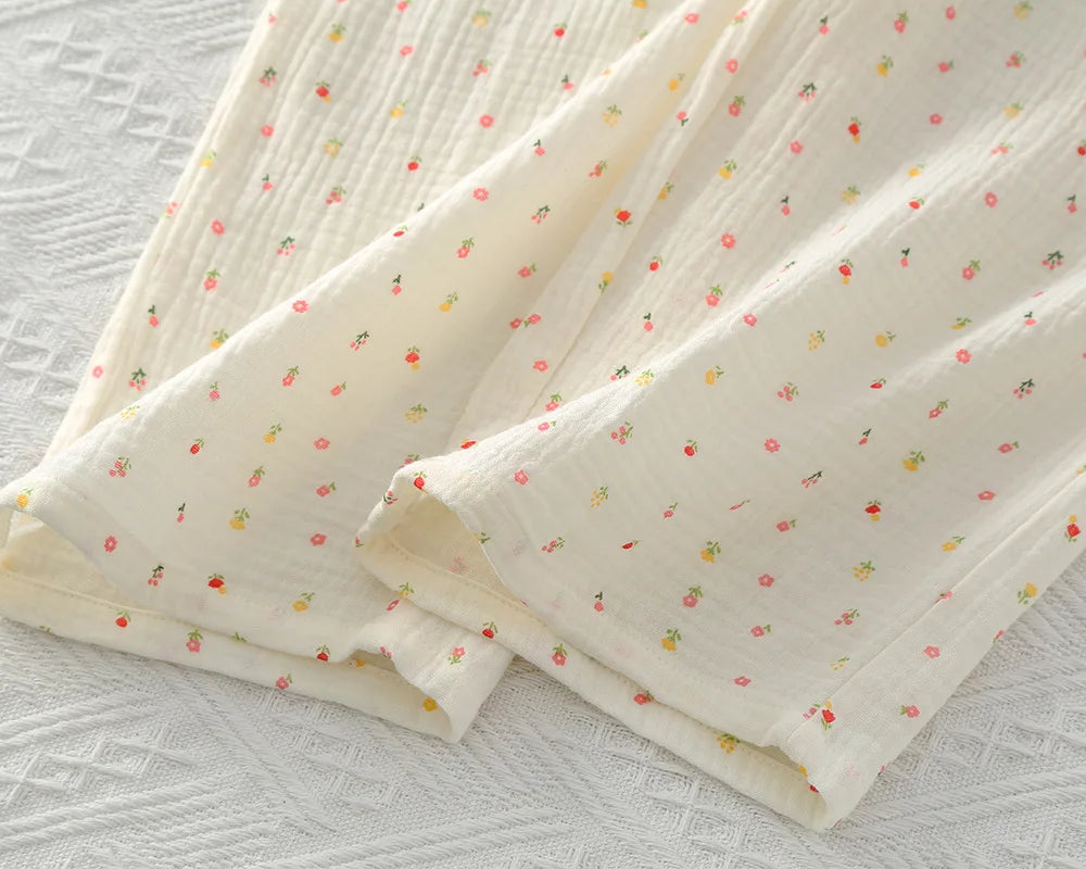 Pajamas pure cotton three-piece set spring and summer thin crepe autumn gauze lapel short-sleeved trousers shorts loungewear set