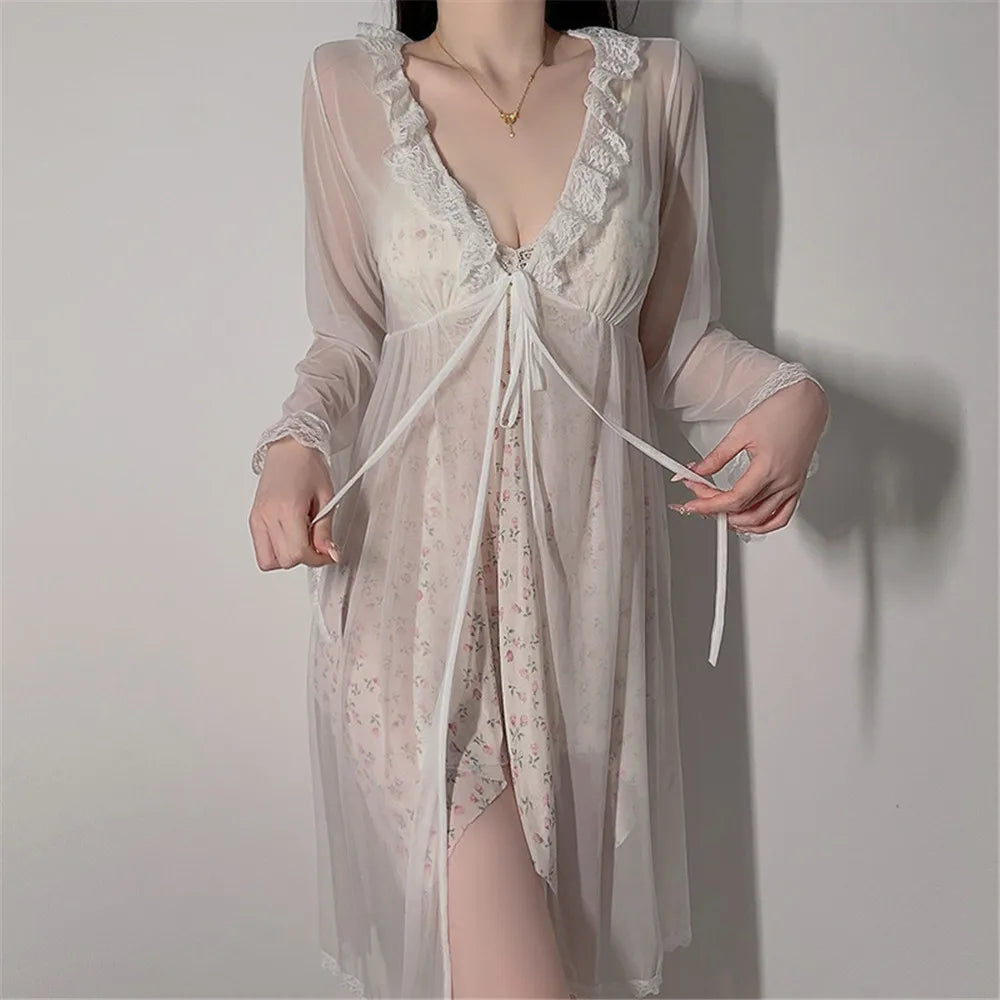 Sexy Female Mesh Robe Nightgown Set Kimono Bathrobe Gown Print Floral Lace Suspender Night Dress Sleepwear Loose Satin Homewear