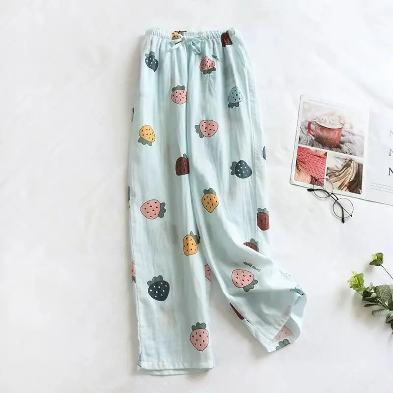 Women's Pure Cotton Pajama Pants Home Pants Double-layer Gauze Elastic Band Loose Casual Pants Cute Strawberry Home Pants 2024
