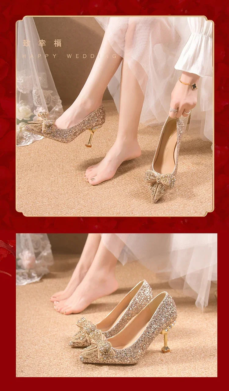 New  Women's Rhinestone Wedding Shoes Year Shoes Luxury Buckle Decorative Banquet Women's Shoes High Heels Gold Silver Red
