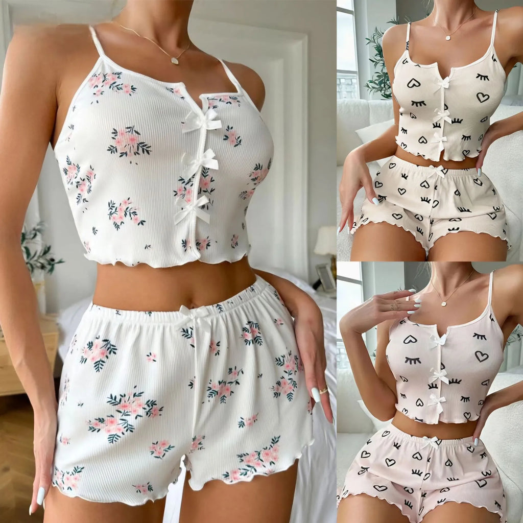 Sexy Summer Sleepwear for Women Fashion Floral Print Pajama Set V Neck Cami Top Lettuce Trim Shorts Sexy Lingerie Loungewear