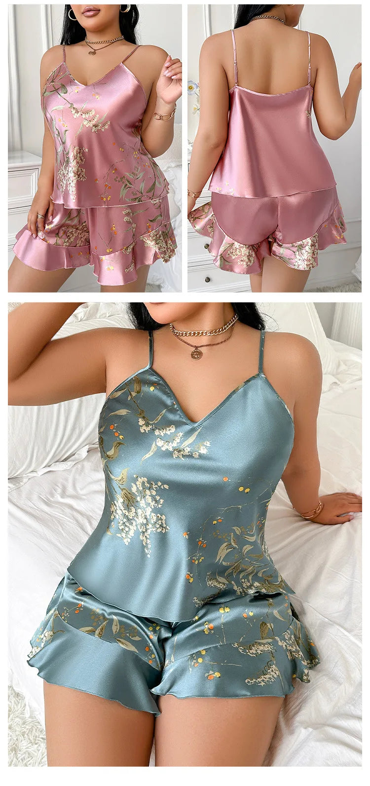 Plus Size Floral Satin Pajama Set Euro Style Two Piece Sleepwear Cooling Silk Like Loungewear for Women Breathable Homewear
