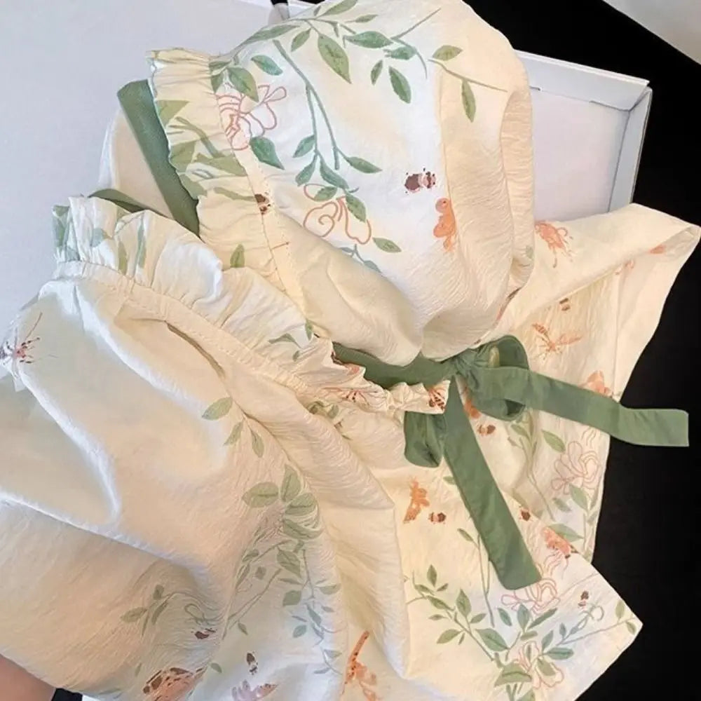 New Chinese Style Lace Up Pajama Suit Flower Reffle Shorts Sleeve Nightwear Women Homewear Loose Two Pieces Sleepwear Sets Home