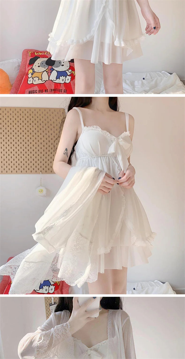 Elegant Sweet Simple Solid White Women Robe Gown Sets Chic Lace Bow Mesh  Sleepwear Breathable Slim Nightdress