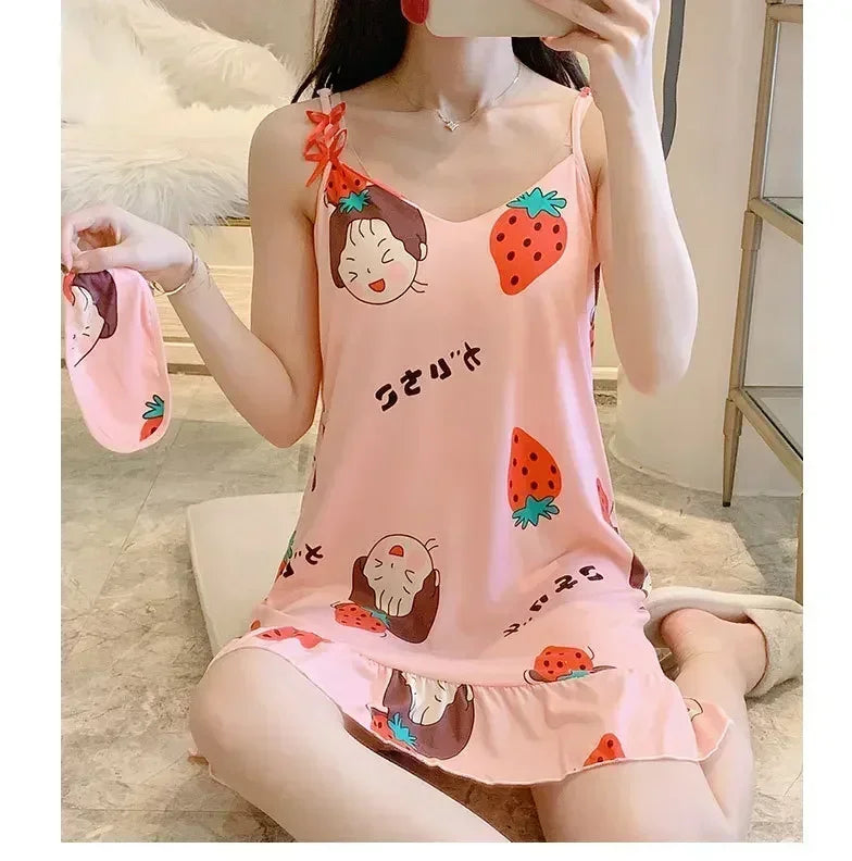 New with Bra Pad, Free Eye Mask, Sling, Loose and Cute Cartoon Animal Pajamas, Nightgown Role-playing Sleepwear Women