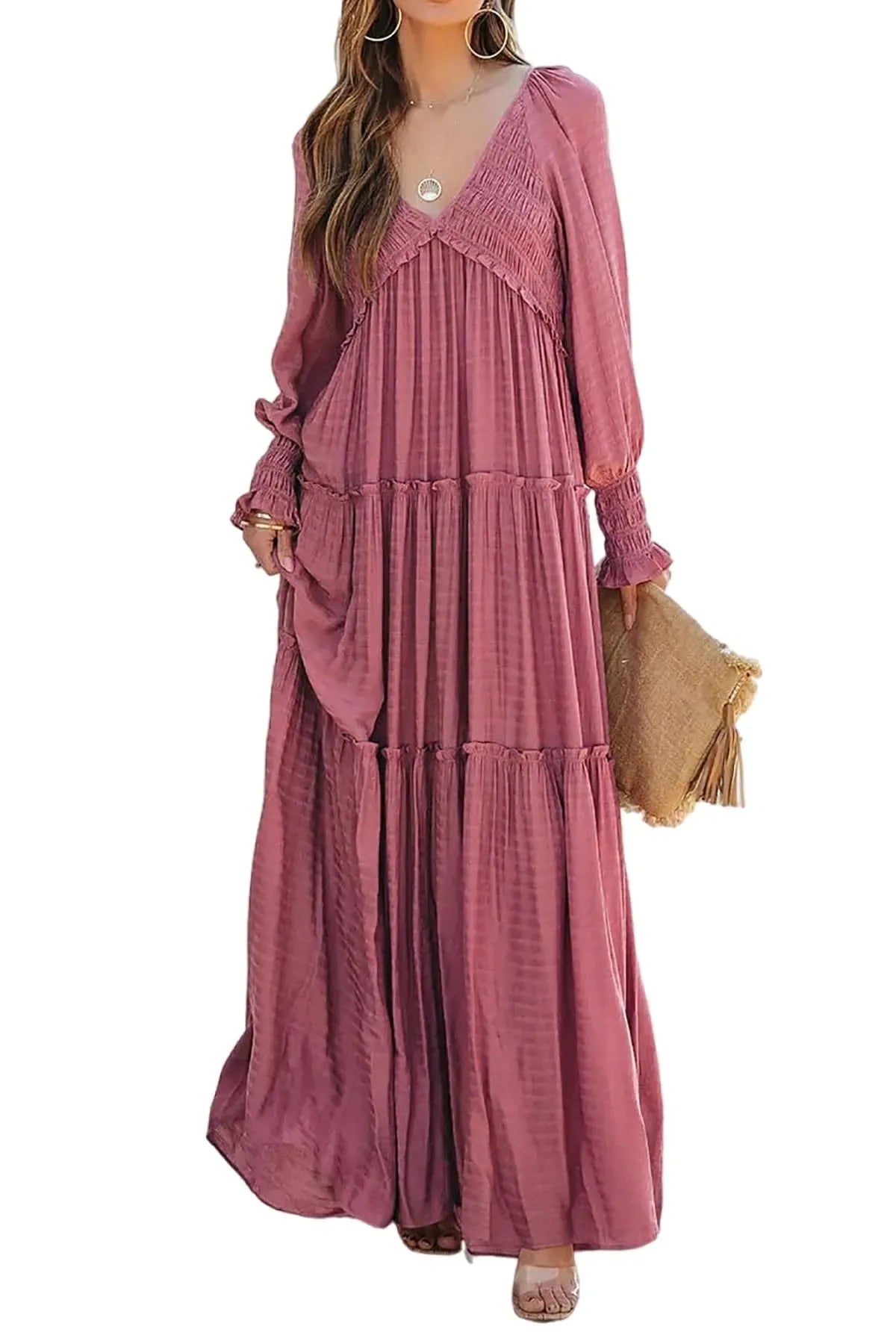 Long Dress Women Vintage V Neck Long Sleeve Dresses Loose Y2k High Waist Shirring Casual Summer Loose 2025 Elegant Slight Strech