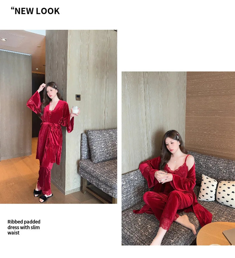 Warm Home Clothes Lady Sexy Lace Flower Trim Nightwear 3Pcs Velour Pajamas Set Luxury Velvet Cami Top&pants Loungewear Winter