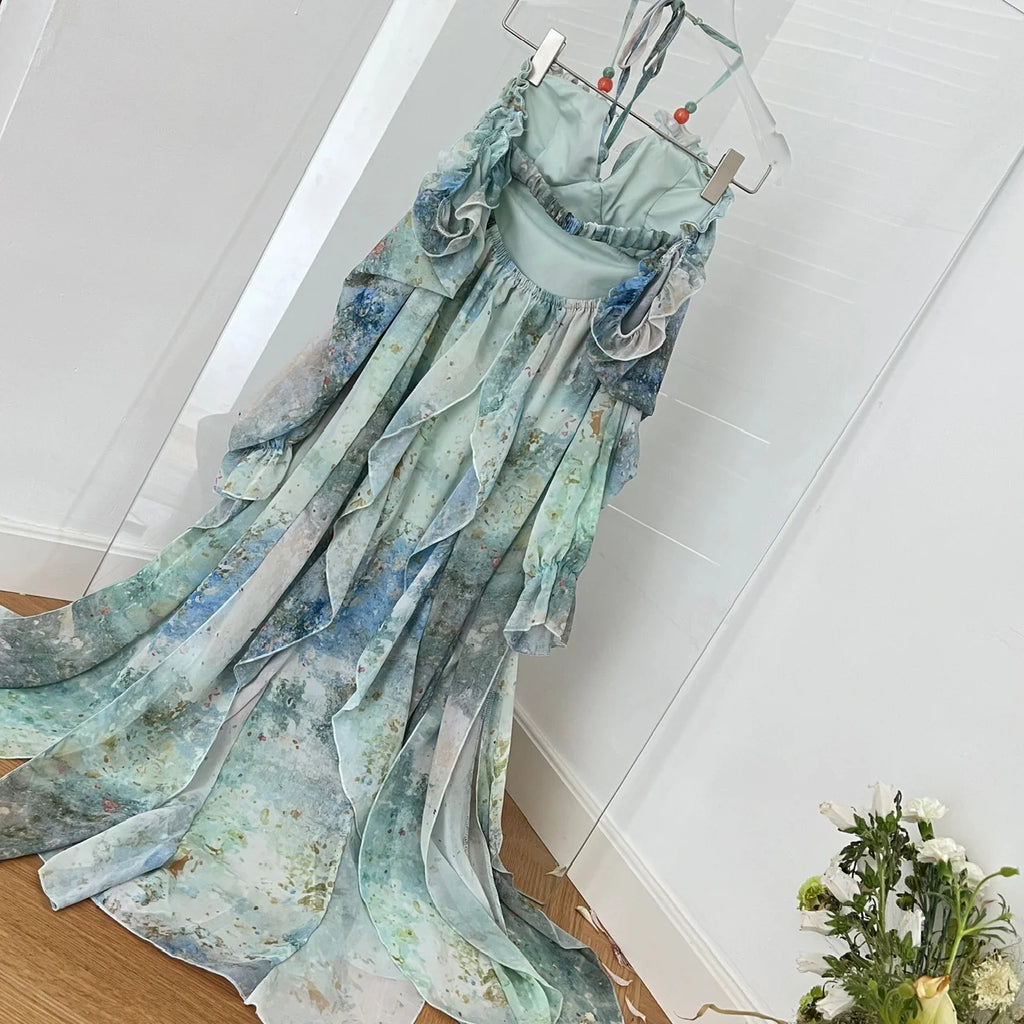 2025 Elegant Halter Neck Ruffled Maxi Dress Women Blue Green Floral Print Bohemian Design Beach Vacation Casual Party Dress New